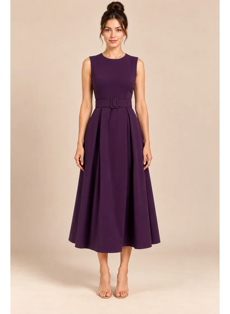 2Trendy Women's Dark Purple Midi Dress with Belt and Pleated Full Skirt