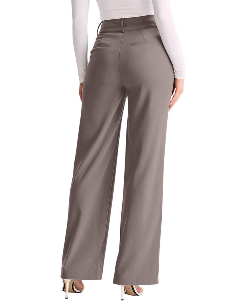 NIMIN Trousers Pants for Women Wide Leg Dressy Work Pants High Waisted Business Casual Outfits 2025 Summer Fashion Office Formal Slacks with Pockets Mocha Brown - Image 2