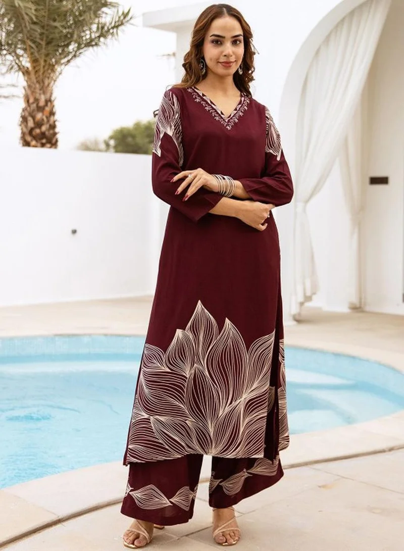 آي شين طقم كورتا نسائي قطعتين من الرايون الألماني بتصميم ذاتي مع بنطلون بالازو كامل الطول مناسب عادي