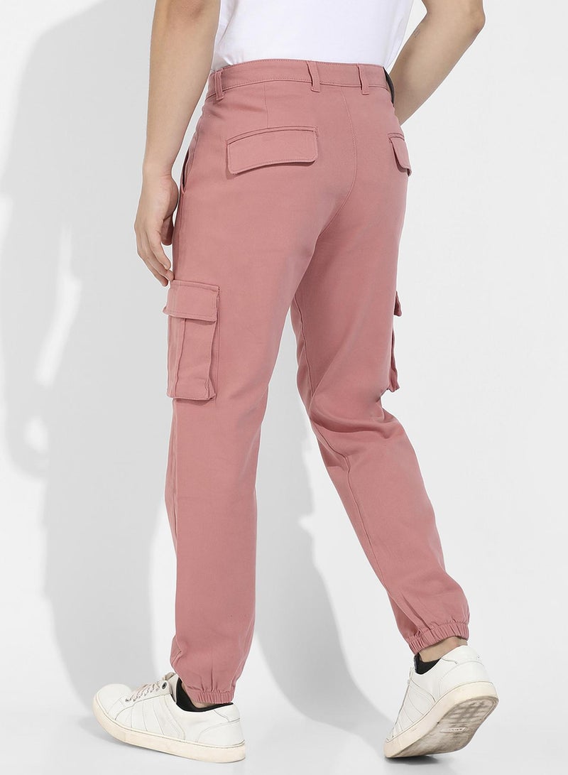 Campus Sutra Campus Sutra Men's Nude Pink Cuffed Hem Cargo Trousers For Casual Wear | 6 Pockets | Regular Fit | Button Closure | Cotton Poly Cargo Pant Crafted With Comfort Fit For Everyday Wear - Image 5