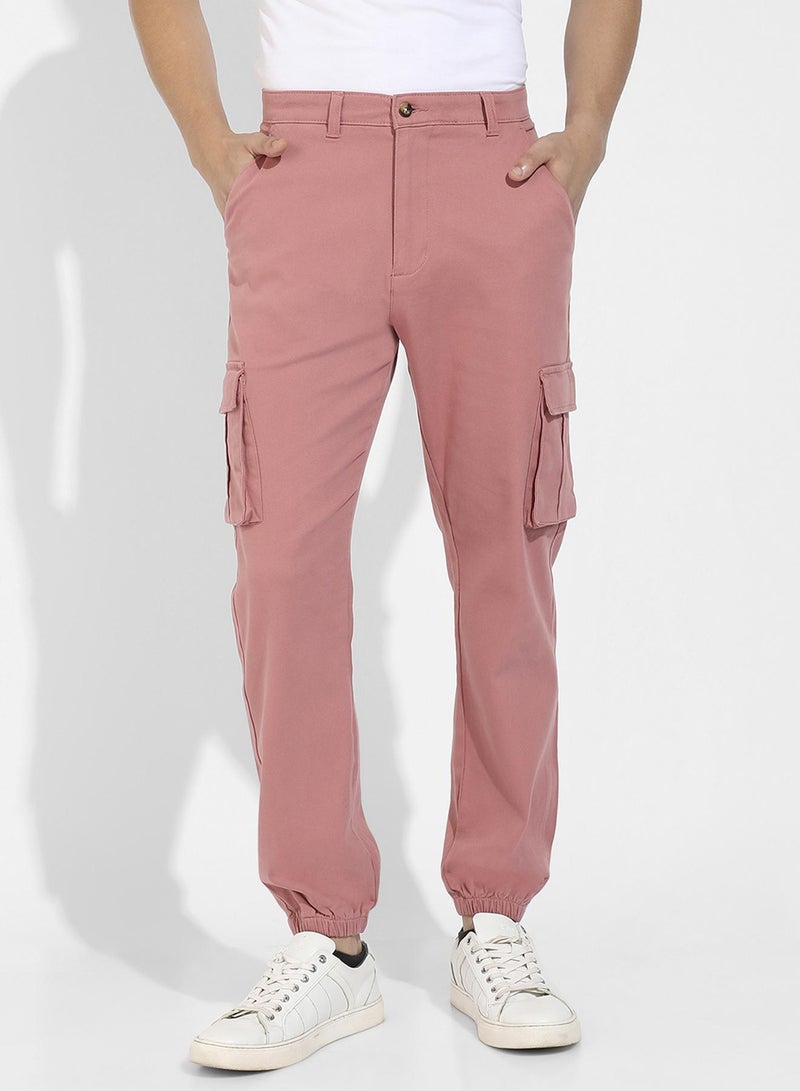 Campus Sutra Campus Sutra Men's Nude Pink Cuffed Hem Cargo Trousers For Casual Wear | 6 Pockets | Regular Fit | Button Closure | Cotton Poly Cargo Pant Crafted With Comfort Fit For Everyday Wear - Image 2