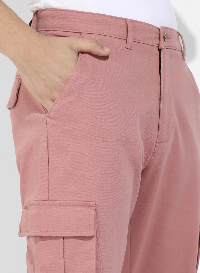 Campus Sutra Campus Sutra Men's Nude Pink Cuffed Hem Cargo Trousers For Casual Wear | 6 Pockets | Regular Fit | Button Closure | Cotton Poly Cargo Pant Crafted With Comfort Fit For Everyday Wear