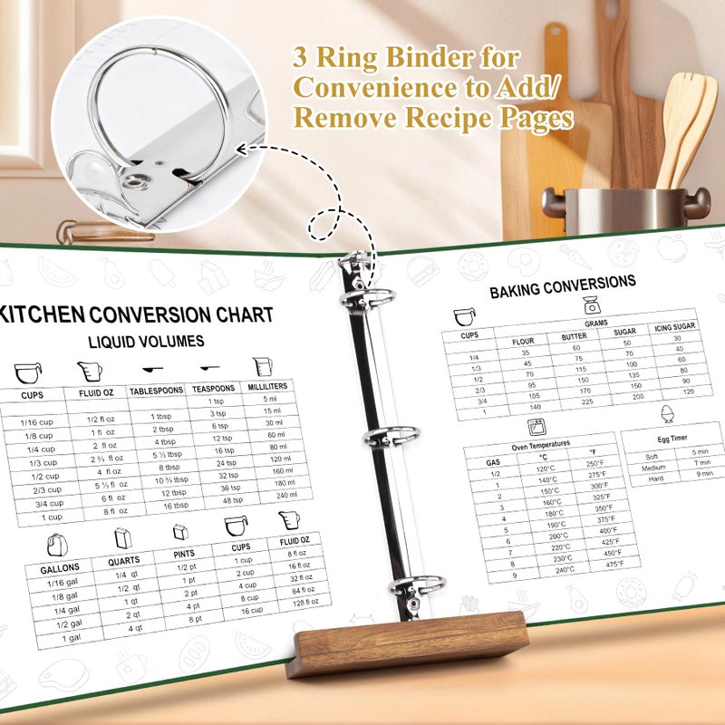 AKONEGE Recipe Binder 8.5"x11" 3 Ring Set Waterproof Recipe Book Binder with 75 Plastic Sleeves, 10 Dividers, 100 Recipe Cards, Labels & Stickers, Hardcover Cookbook for Baking Cooking, Dark Green - Image 4