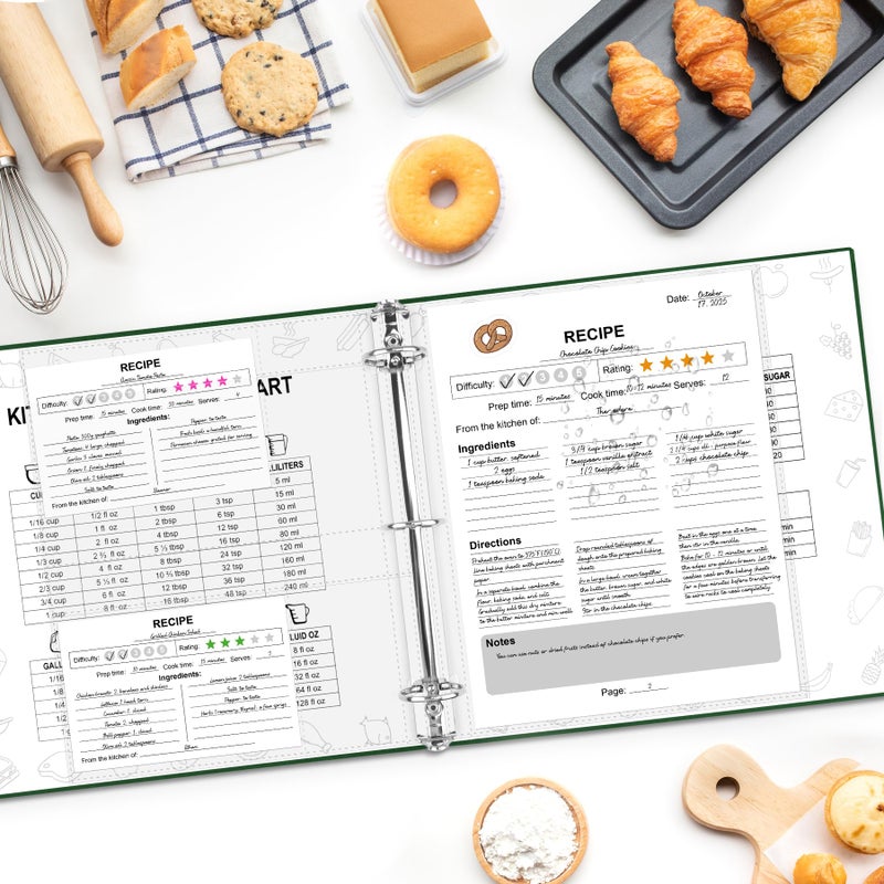 AKONEGE Recipe Binder 8.5"x11" 3 Ring Set Waterproof Recipe Book Binder with 75 Plastic Sleeves, 10 Dividers, 100 Recipe Cards, Labels & Stickers, Hardcover Cookbook for Baking Cooking, Dark Green - Image 5