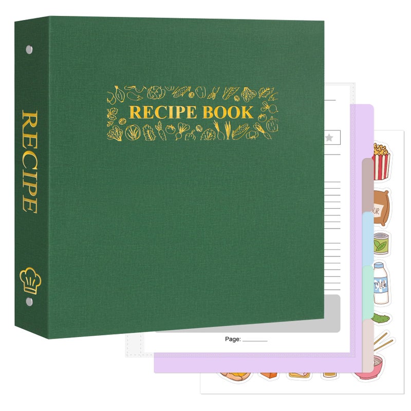 AKONEGE Recipe Binder 8.5"x11" 3 Ring Set Waterproof Recipe Book Binder with 75 Plastic Sleeves, 10 Dividers, 100 Recipe Cards, Labels & Stickers, Hardcover Cookbook for Baking Cooking, Dark Green - Image 1