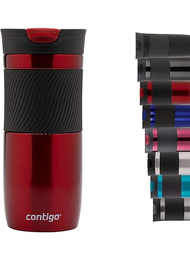 Contigo كوب سفر Snapseal مصنوع من الفولاذ المقاوم للصدأ، كوب حراري مفرغ من الهواء، كوب قهوة مانع للتسرب مع غطاء سهل التنظيف خالٍ من مادة BPA، 470 مل، أحمر  - Image 1