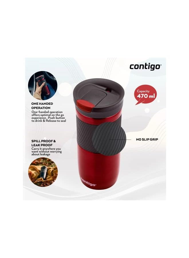 Contigo كوب سفر Snapseal مصنوع من الفولاذ المقاوم للصدأ، كوب حراري مفرغ من الهواء، كوب قهوة مانع للتسرب مع غطاء سهل التنظيف خالٍ من مادة BPA، 470 مل، أحمر  - Image 4