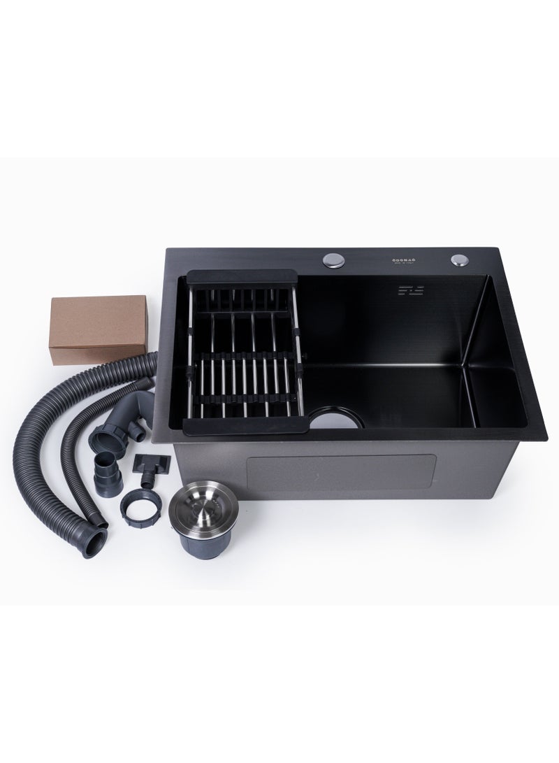 ODONAO Premium Stainless Steel Kitchen Sink, 42x38x22 cm, Single Bowl, Black Finish, Durable Modern Design - Image 2