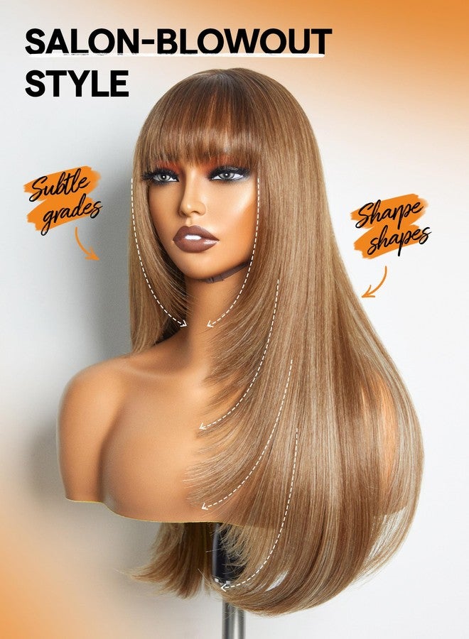 GORGIUS Highlight Straight Layered Wigs with Bangs Glueless Light Brown with Blond Highlights 22 Inch Wigs Crafted with Style-Archive Premium Fiber Natural Hairline - Image 4