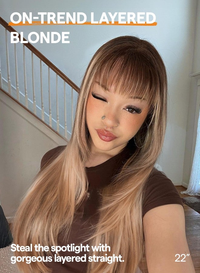 GORGIUS Highlight Straight Layered Wigs with Bangs Glueless Light Brown with Blond Highlights 22 Inch Wigs Crafted with Style-Archive Premium Fiber Natural Hairline - Image 2