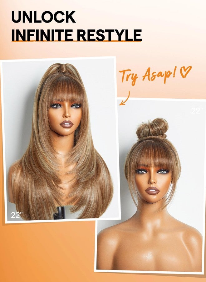 GORGIUS Highlight Straight Layered Wigs with Bangs Glueless Light Brown with Blond Highlights 22 Inch Wigs Crafted with Style-Archive Premium Fiber Natural Hairline - Image 3