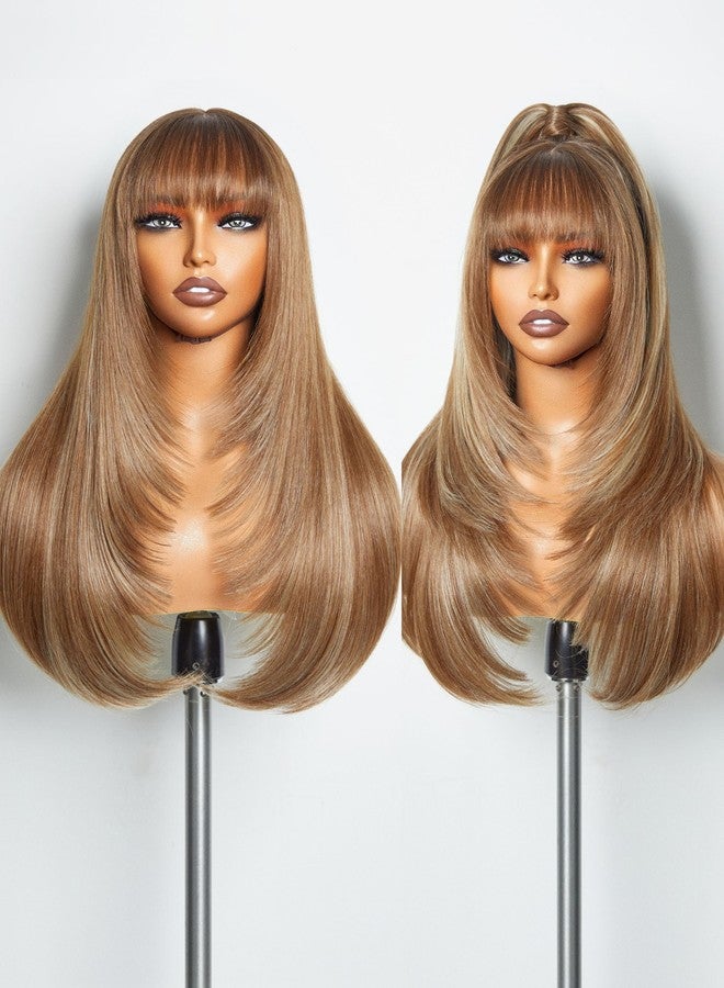 GORGIUS Highlight Straight Layered Wigs with Bangs Glueless Light Brown with Blond Highlights 22 Inch Wigs Crafted with Style-Archive Premium Fiber Natural Hairline - Image 1