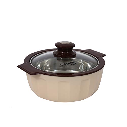 JAYPEE PLUS JAYPEE Glamerole Inner Stainless Steel Serving Casserole | Toughened Glass Lid PUF Insulated Hot Box |Roti Box| Easy to Carry | Food Grade | 800 ml, S. Coffee - Image 1