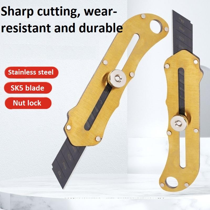 Dizgoy Retractable Stainless Steel Utility Knife With Blades - Simple Portable Heavy Duty Retractable Box Cutter For School, Office, Student- 18mm Wider Sharp Blade with Finger Grip (Gold) - Image 2