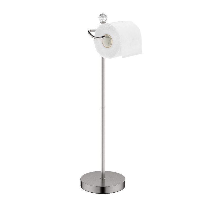 ROLABAM Toilet Paper Holder Stand with Crystal Head Brushed Nickel Toilet Paper Holder Free Standing 244 H Stand Up Toilet Paper Roll Holder for Bathroom Floor Toilet Paper Storage