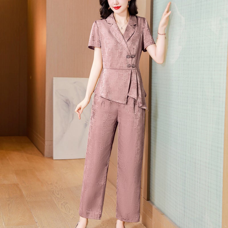 Elegant Suit Collar Short-sleeved Top Wide Leg Pants Two-piece Womens 2024 Summer New Fashion Vintage Jacquard suit lotus root starch 