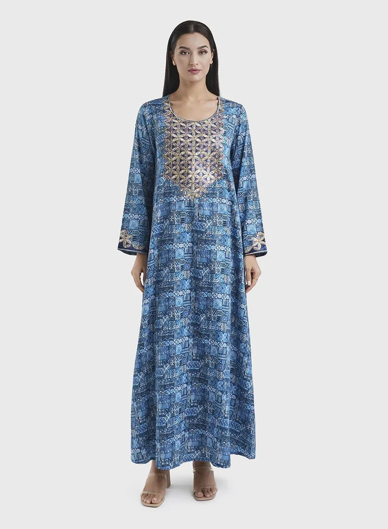 كشخة Teal Geometric Print Embroidery and Stonework Jalabiya(VW231)
