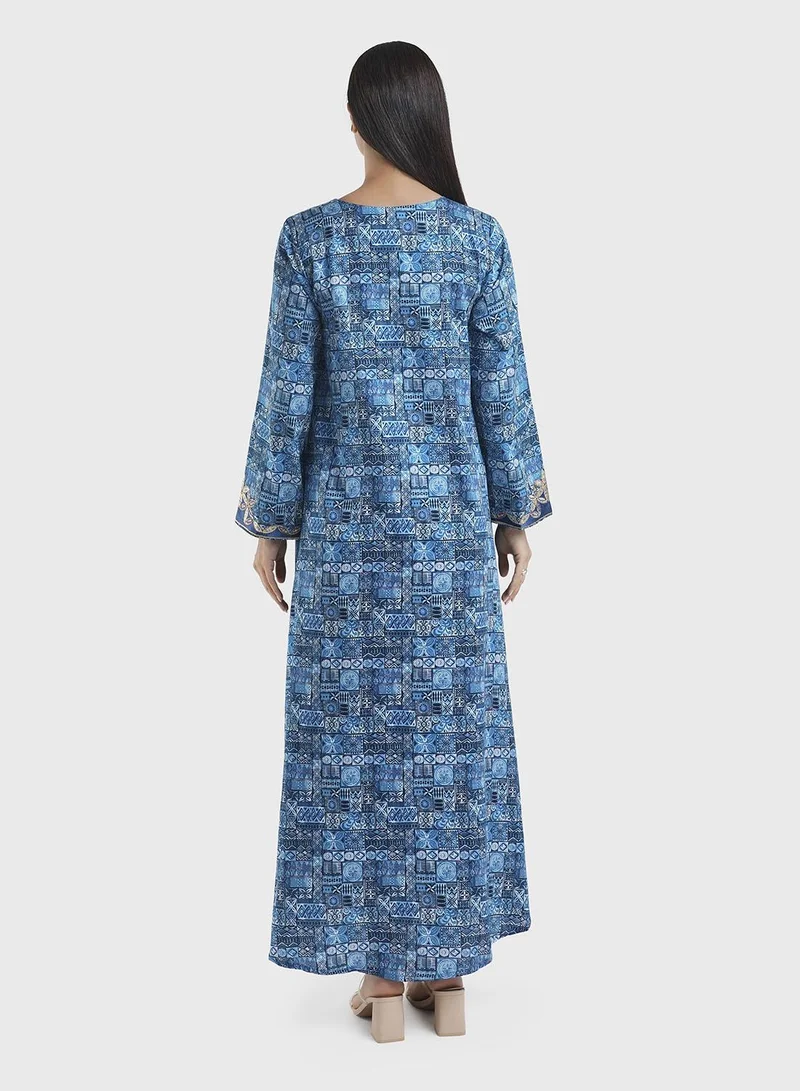 Kashkha  Teal Geometric Print Embroidery and Stonework Jalabiya(VW231) for Women | Best Price UAE