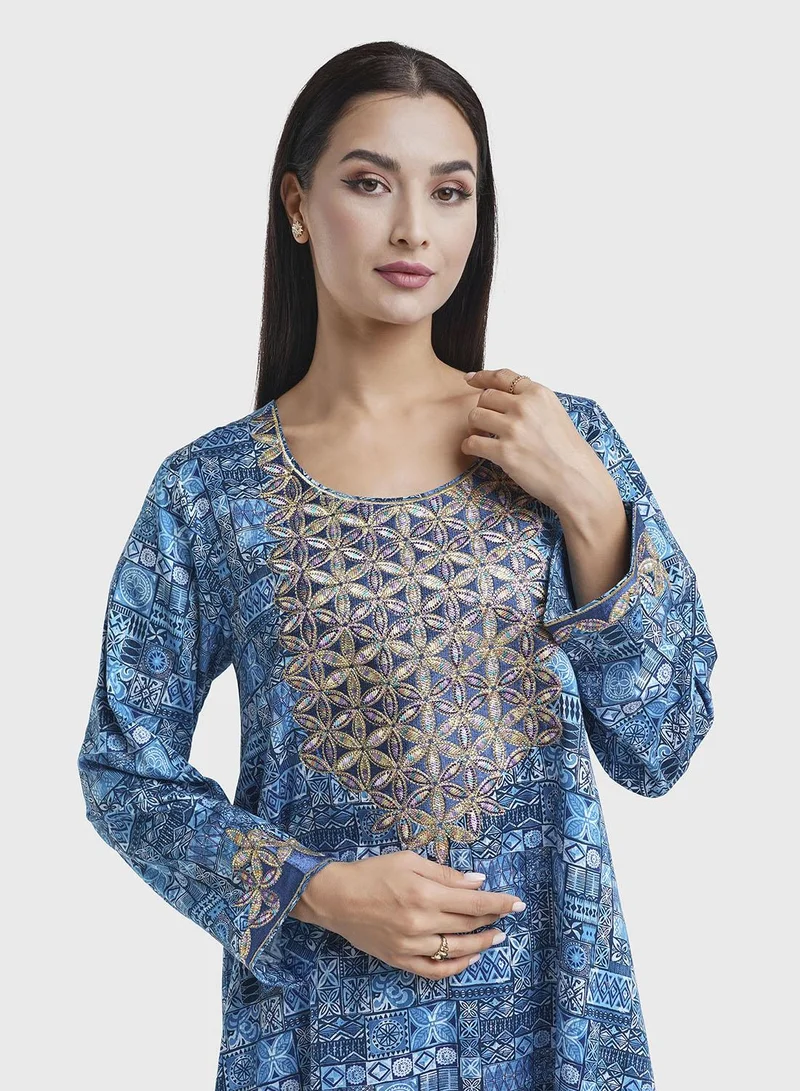 كشخة Teal Geometric Print Embroidery and Stonework Jalabiya(VW231)