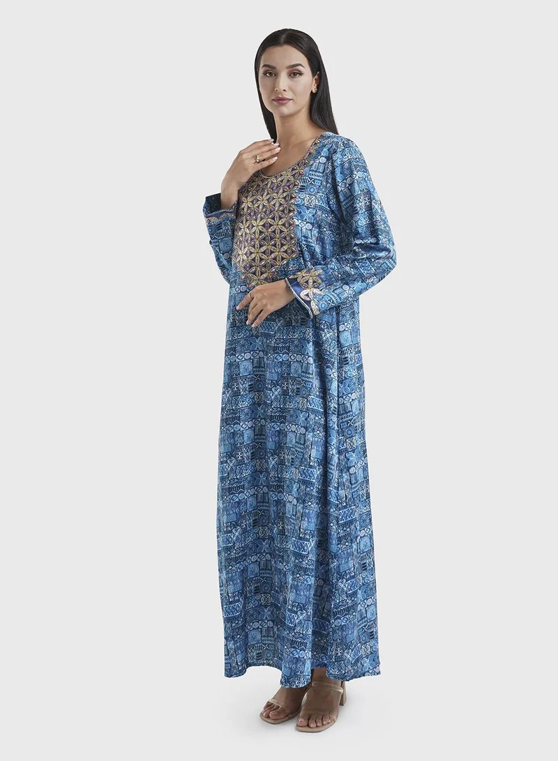 Kashkha  Teal Geometric Print Embroidery and Stonework Jalabiya(VW231) for Women | Best Price UAE