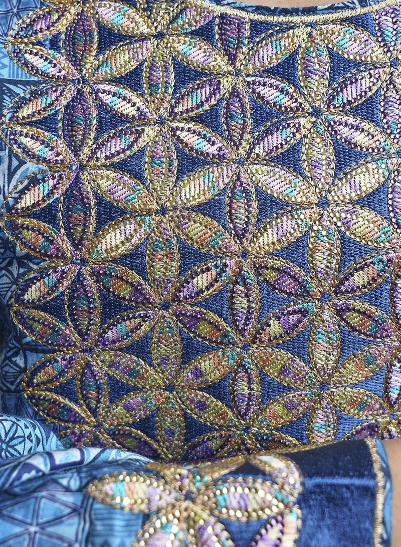 Kashkha  Teal Geometric Print Embroidery and Stonework Jalabiya(VW231) for Women | Best Price UAE