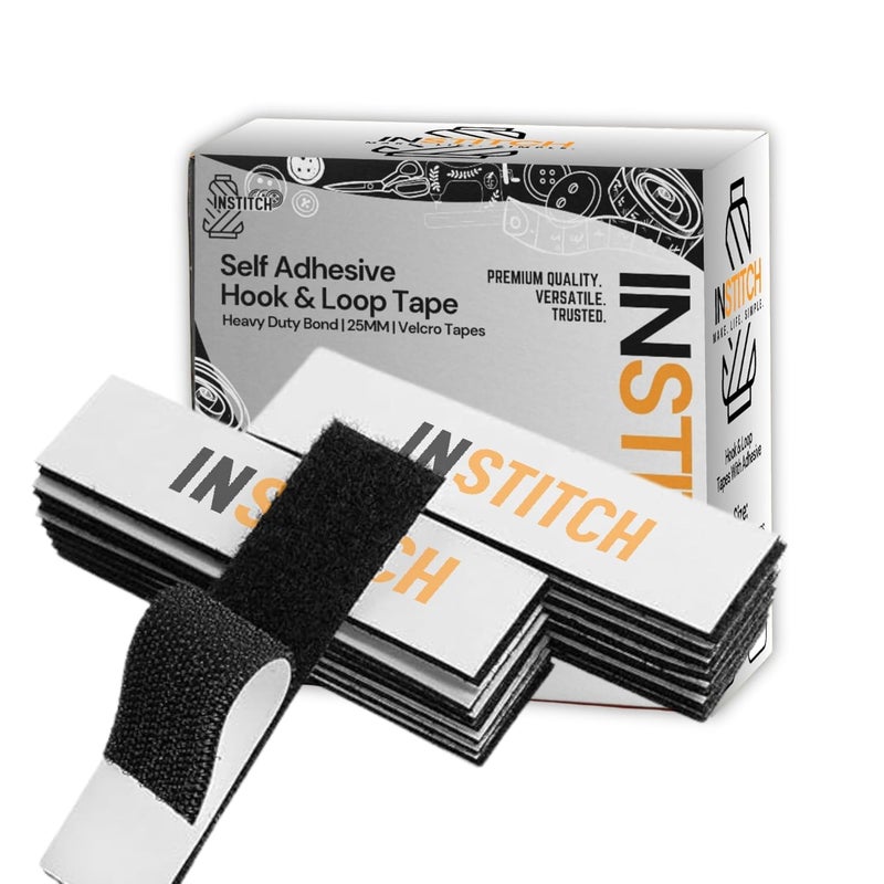 INSTITCH Self Adhesive Hook & Loop Tape - 1 Inch x 4 Inch - Heavy Gumming On Back, Velcro Strips, Nylon Self Adhesive Hook and Loop Tape - Perfect for Home and Office Use (Black) (48) - Image 1