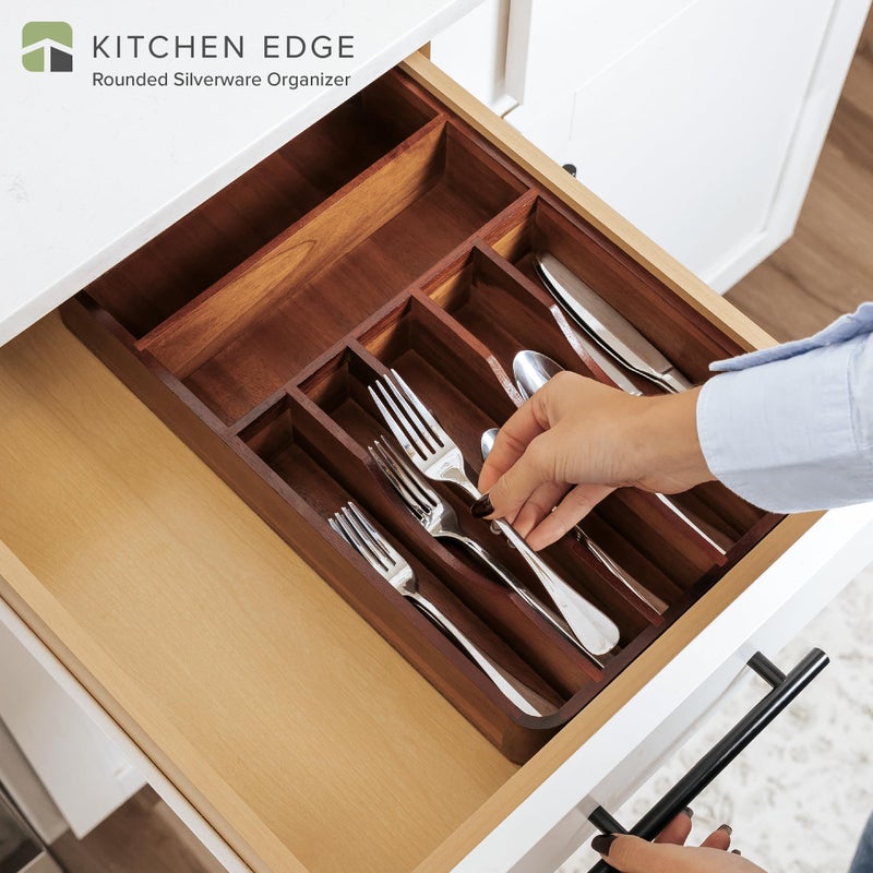 KitchenEdge Silverware Organizer - Cutlery, Flatware, and Utensil Holder for Kitchen Drawers, Fixed 10.5â€ Width, 7 Storage Compartments, Non-Slip Feet, Rounded Corners, Acacia Wood - Image 2