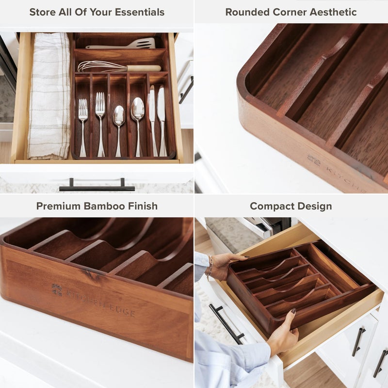KitchenEdge Silverware Organizer - Cutlery, Flatware, and Utensil Holder for Kitchen Drawers, Fixed 10.5â€ Width, 7 Storage Compartments, Non-Slip Feet, Rounded Corners, Acacia Wood - Image 4
