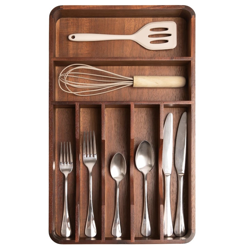 KitchenEdge Silverware Organizer - Cutlery, Flatware, and Utensil Holder for Kitchen Drawers, Fixed 10.5â€ Width, 7 Storage Compartments, Non-Slip Feet, Rounded Corners, Acacia Wood - Image 1