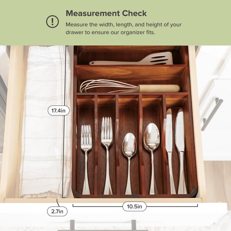KitchenEdge Silverware Organizer - Cutlery, Flatware, and Utensil Holder for Kitchen Drawers, Fixed 10.5â€ Width, 7 Storage Compartments, Non-Slip Feet, Rounded Corners, Acacia Wood - Image 3