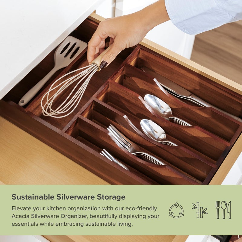 KitchenEdge Silverware Organizer - Cutlery, Flatware, and Utensil Holder for Kitchen Drawers, Fixed 10.5â€ Width, 7 Storage Compartments, Non-Slip Feet, Rounded Corners, Acacia Wood - Image 5
