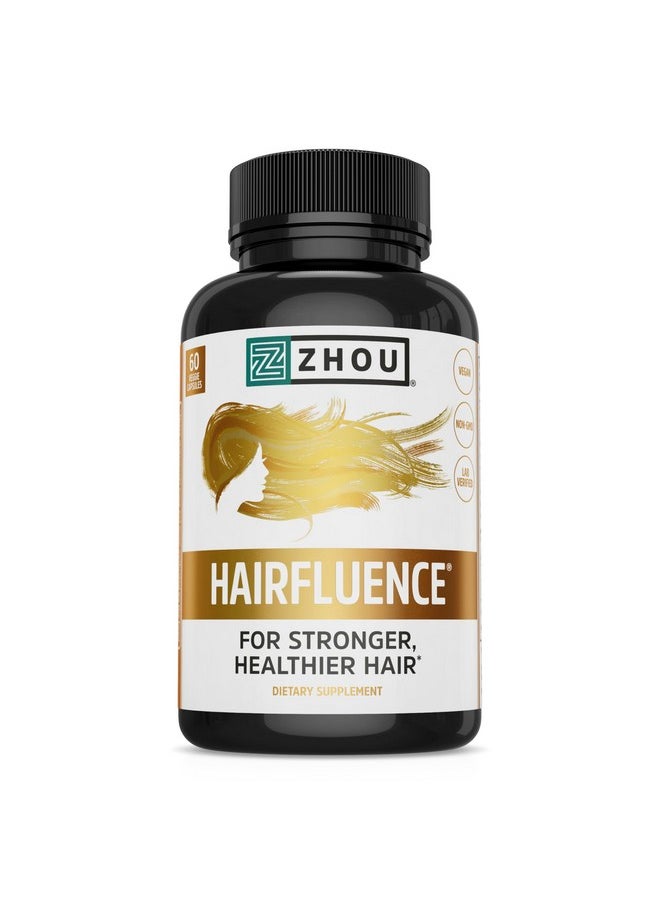 جو Zhou Hairfluence، مكمل غذائي لنمو الشعر مع لوستريفا وكيرانات مُدرَكين سريريًا وفيتامينات الشعر البيوتين 5000 ميكروغرام، وفيتامينات د، أ، ج، وب12، غير مُعَدَّل وراثيًا، خالٍ من الغلوتين، 60 كبسولة نباتية  - Image 1