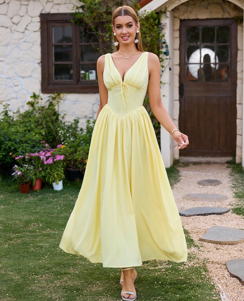 GLNEGE Women's Summer Corset Midi Milkmaid Dress Casual V Neck Flowy A Line Sundress Wedding Guest Dresses with Pockets 2026 Yellow - Image 2