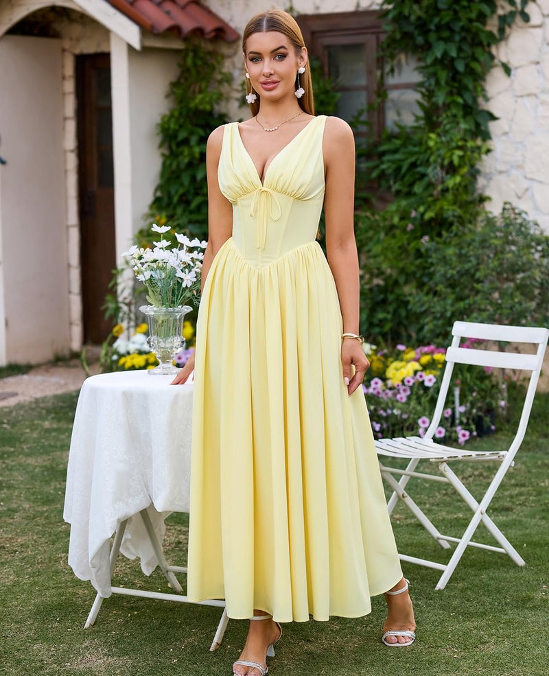 GLNEGE Women's Summer Corset Midi Milkmaid Dress Casual V Neck Flowy A Line Sundress Wedding Guest Dresses with Pockets 2026 Yellow - Image 4
