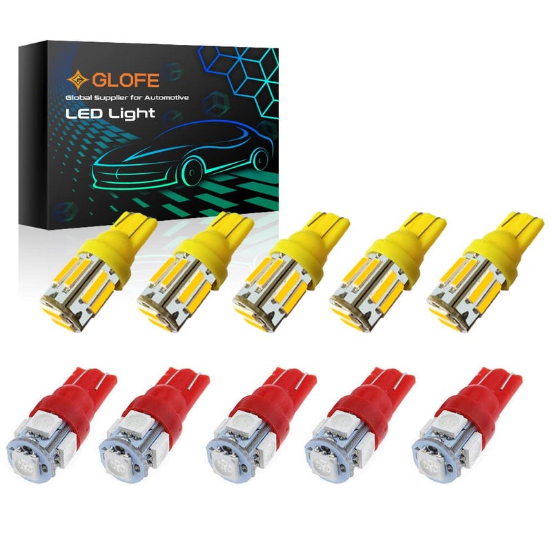 GLOFE 10Pcs Cab Roof Running Marker Light Amber Red T10 LED Bulb Compatible with 2003 2004 2005 2006 2007 2008 2009 Hummer H2,Ford F-250 F-350 1999-2016 Super Duty - Image 1