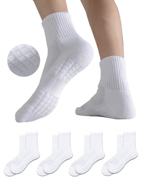Men's Cotton Towel-Sole Sports Socks with Breathable Mesh, Ergonomic Design, Anti-Slip Technology for Running, Basketball, and Casual Wear (4-Pair Pack, White)