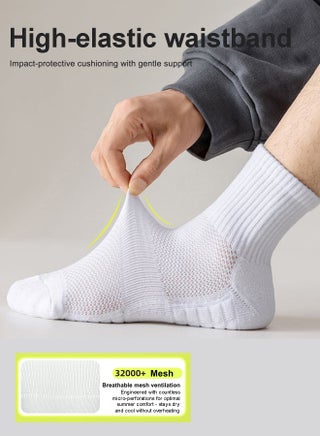 Men's Cotton Towel-Sole Sports Socks with Breathable Mesh, Ergonomic Design, Anti-Slip Technology for Running, Basketball, and Casual Wear (4-Pair Pack, White) - view 3