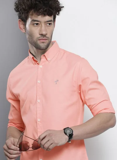 The Indian Garage Co Men Slim Fit Placement Embroidered Full Sleeves Cutaway Collar Casual Shirt