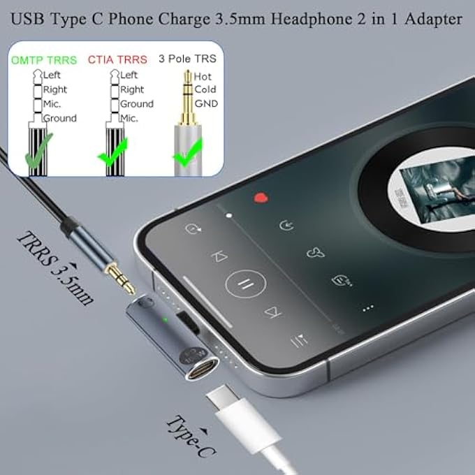 rayihni USB C CHARGING HEADPHONE 2 IN 1 ADAPTER, 3.5 TO USB C ADAPTER, TYPE C AUDIO CONNECTOR WITH 100W PD FAST CHARGING, WITH LED LIGHT, HANGING HOLE - Image 3