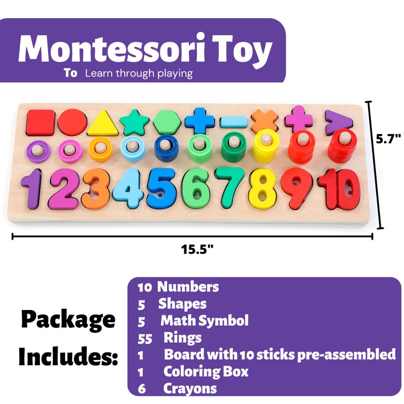 BEKILOLE Wooden Montessori Toys for Kids Toddler Number Puzzles Sorter Counting Shape Stacker Stacking Game Preschool Toys for Boy Girl Learning Education Math Blocks Year Old Girl Gifts (Rainbow) - Image 3