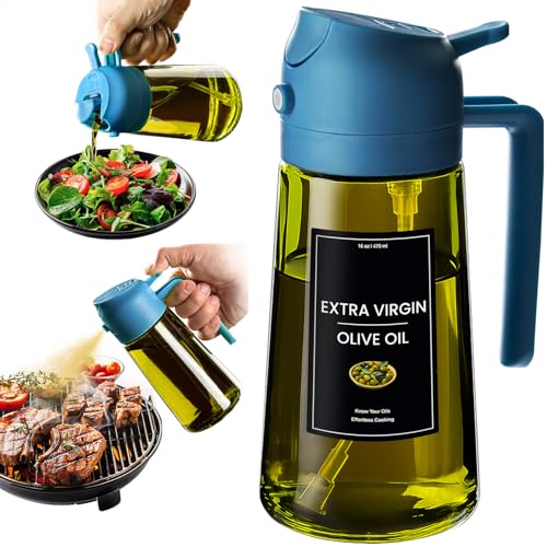CXINYI - 16oz/470ml Olive Oil Dispenser for Kitchen with Stickers - 2 in 1 Olive Oil Sprayer for Cooking, Air Fryer, and Salad, Blue (Light-Proof Kitchen Gadget) - Image 1