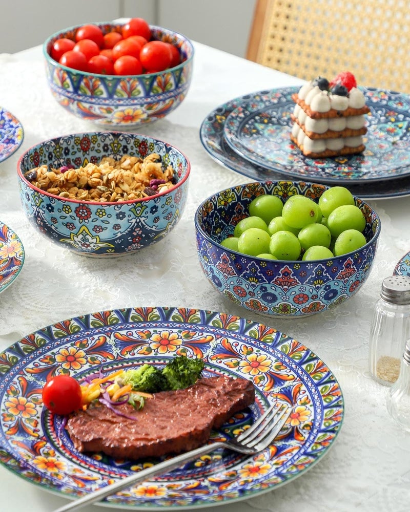 glowworm Bohemian Dinnerware Sets, Ceramic Dishes Set for 4, 12 Pieces Plates and Bowls Set, Oven, Microwave & Dishwasher Safe, Scratch Resistant - Image 3