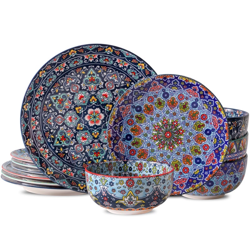 glowworm Bohemian Dinnerware Sets, Ceramic Dishes Set for 4, 12 Pieces Plates and Bowls Set, Oven, Microwave & Dishwasher Safe, Scratch Resistant - Image 1