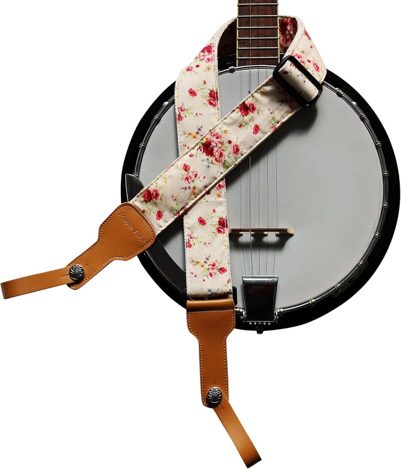 MUSIC FIRST Original Design, 2 inch width (5cm), “Rosa Multiflora in Cream” Muslin & Genuine Leather Delux Banjo Strap, With 2 pieces of Leather Strap Locker. (Rosa Multiflora in Cream) - Image 1