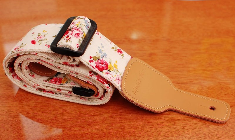MUSIC FIRST Original Design, 2 inch width (5cm), “Rosa Multiflora in Cream” Muslin & Genuine Leather Delux Banjo Strap, With 2 pieces of Leather Strap Locker. (Rosa Multiflora in Cream) - Image 5