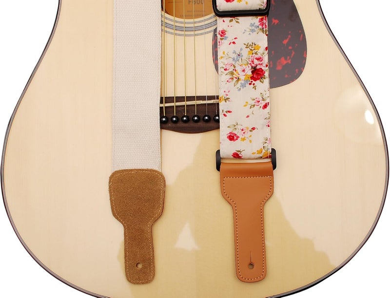 MUSIC FIRST Original Design, 2 inch width (5cm), “Rosa Multiflora in Cream” Muslin & Genuine Leather Delux Banjo Strap, With 2 pieces of Leather Strap Locker. (Rosa Multiflora in Cream) - Image 4