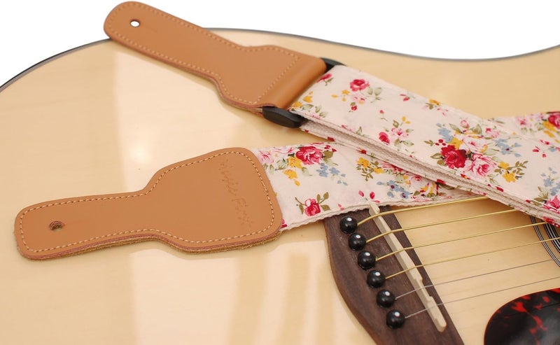 MUSIC FIRST Original Design, 2 inch width (5cm), “Rosa Multiflora in Cream” Muslin & Genuine Leather Delux Banjo Strap, With 2 pieces of Leather Strap Locker. (Rosa Multiflora in Cream) - Image 3
