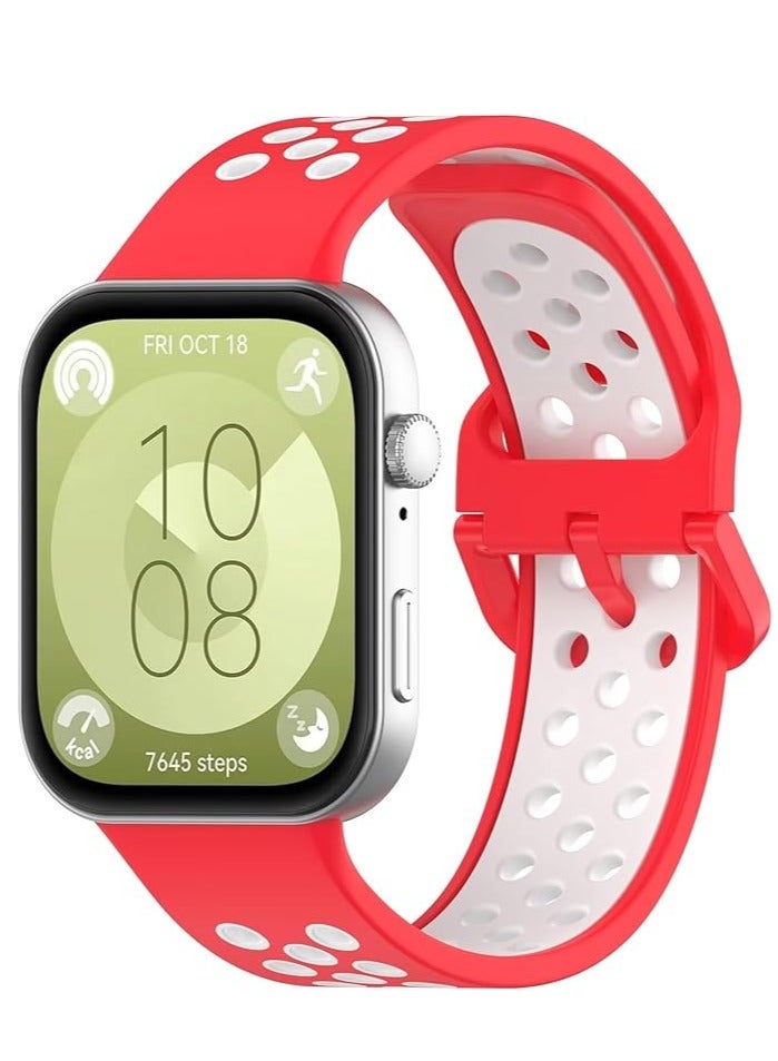 ووتش حزام سيليكون لساعة هواوى فيت 3، [مسامي] حزام بديل رياضي من السيليكون الناعم، حزام بلونين، تصميم قابل للتعديل -  ابيض واجمر - Image 3