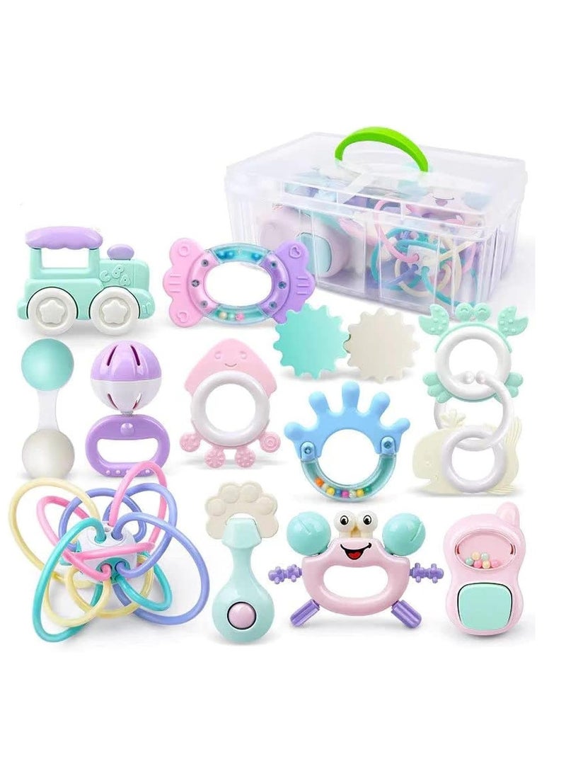 IMPERIUM Baby Teether Set 14 Pcs - BPA Free Soft Silicon Teething Baby Toys for Babies 1-12 Months with Storage Box Rattle Sensory Toys for Newborns Infant Teething Pain Relief Newborn Baby Gift 