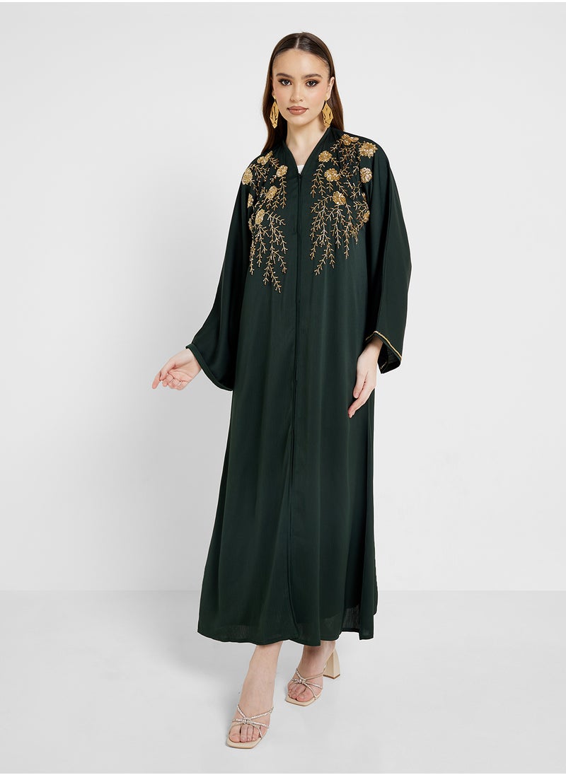hayas closet V-Neck Embroidered Flared Sleeve Abaya  - Image 1